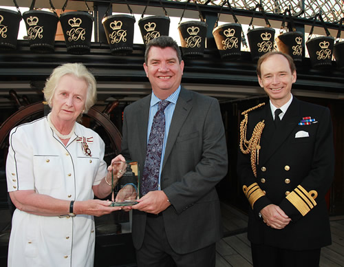 Martin Rolfe, NATS Managing Director Operations (middle) collects the SaBRE award on behalf of NATS. He is pictured here with Lord Lieutenant of Hampshire, Dame Mary Fagan DCVO JP (left) and Vice Admiral David Steel CBE, the Second Sea Lord and Naval Chief of Home Command (right).